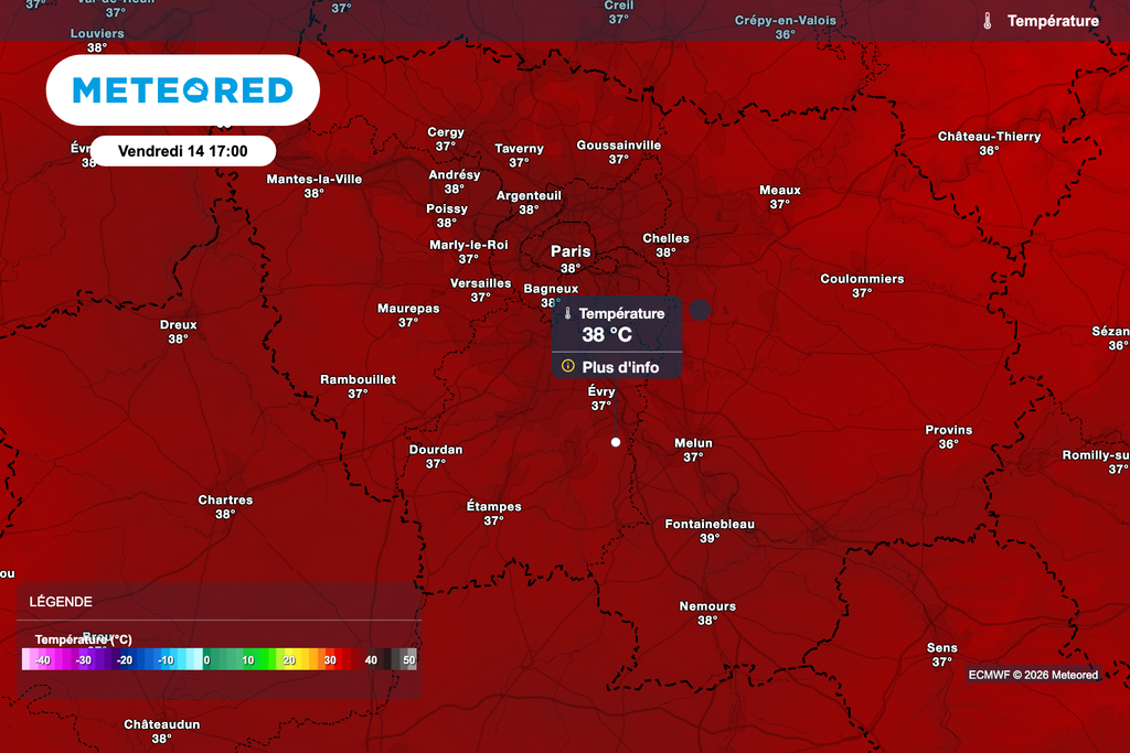 Températures prévues vendredi après-midi par le modèle ECMWF. Températures prévues vendredi après-midi par le modèle ECMWF.