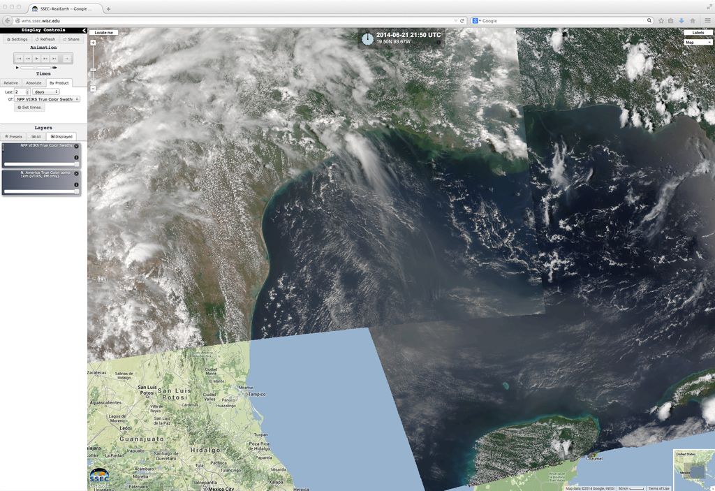 Imagen del sensor VIIRS del satélite Suomi NPP realzada en RGB color real Imagen del sensor VIIRS del satélite Suomi NPP realzada en RGB color real