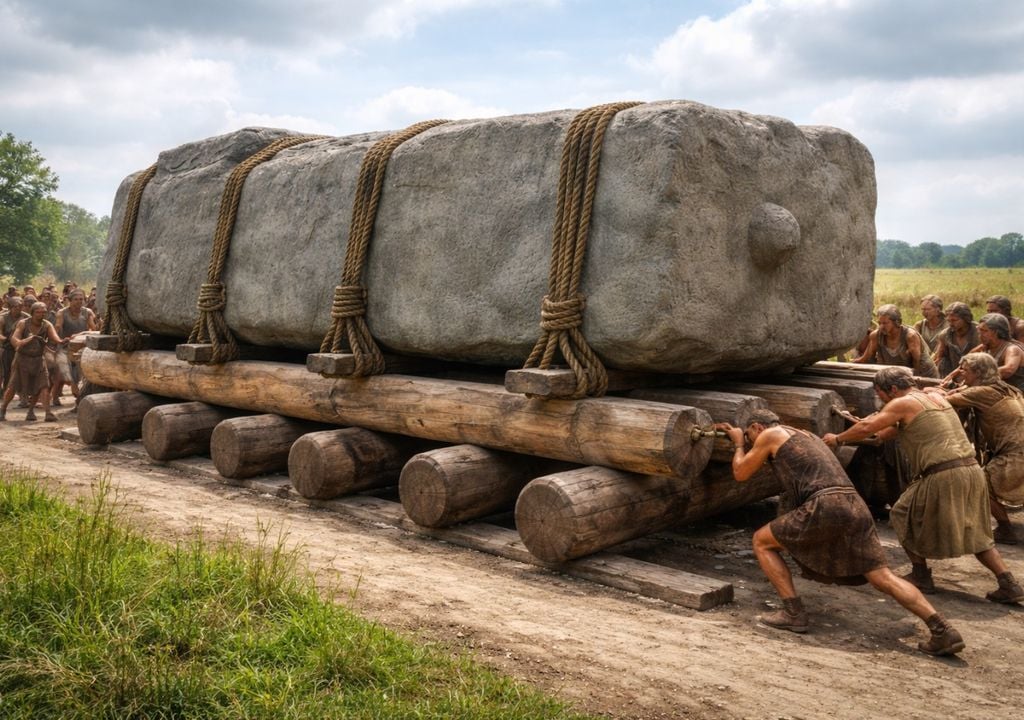 Recreación científica del posible traslado de las piedras de Stonehenge: un bloque megalítico asegurado sobre un trineo de madera y desplazado con cuerdas y rodillos.