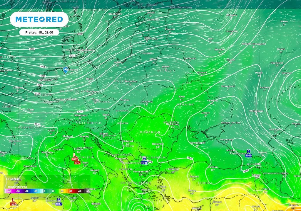 Temperaturen, 850 hPa, Polarluft Bild 2: Kalte Polarluft strömt aus Norden Richtung Süden und Alpen. Sollte die Kaltfront über die Alpen Richtung Genua ziehen, könnte dies eine Vb-Lage einleiten.