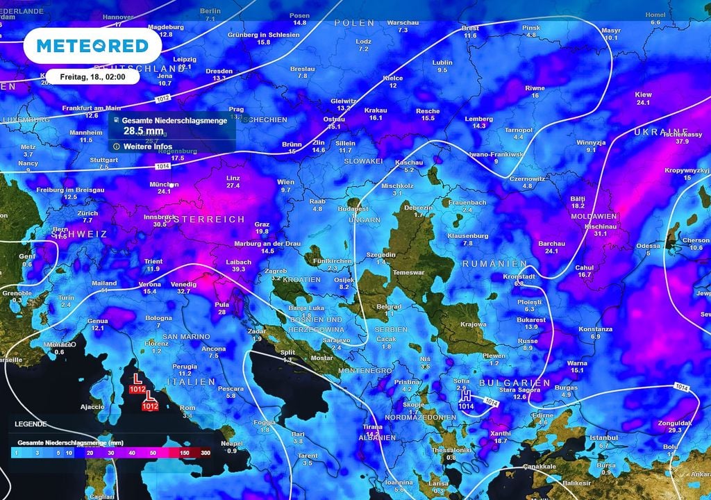 Gesamter Niederschlag, Europa Es gibt Regenpotential in den Alpen mit Ausläufern nach Süddeutschland. Hauptsächlich betroffen ist bisher jedoch Österreich.