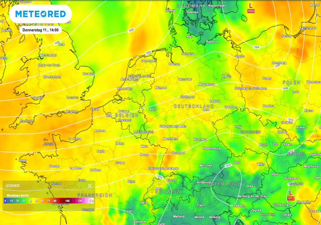Donnerstag, stürmische Böen, Bft 8–9, Nordsee, Bergland