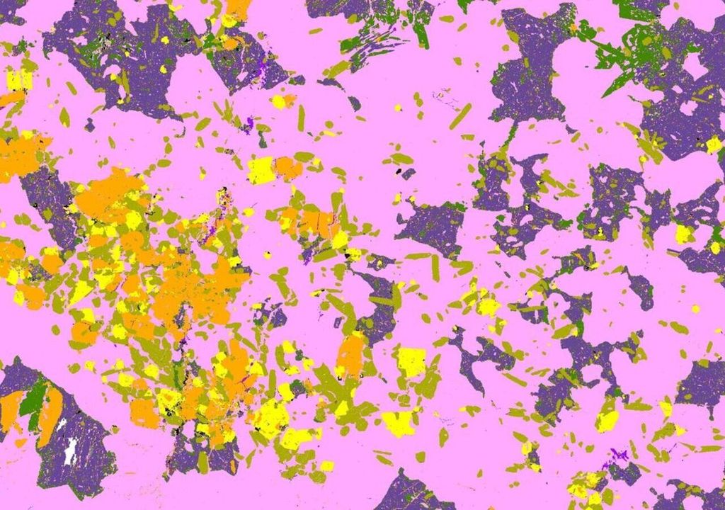 Mineralkarte eines Karbonatits mit einer Kalzit-Matrix (rosa): Selten in magmatischen Gesteinen, aber charakteristisch für Karbonatite, mit Niob-haltigem Pyrochlor (gelb) in Verbindung mit Apatit (grün) und Biotit (orange). Bildbreite etwa 20 Millimeter.