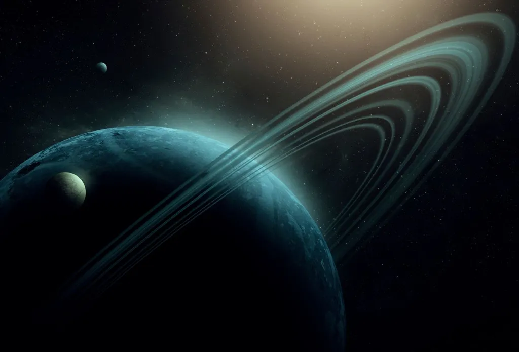 Imagen de Urano, sus anillos y lunas, en el espacio