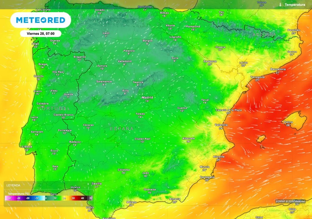 Temperaturas mínimas previstas a primeras horas del viernes en España. Fuente: modelo europeo.