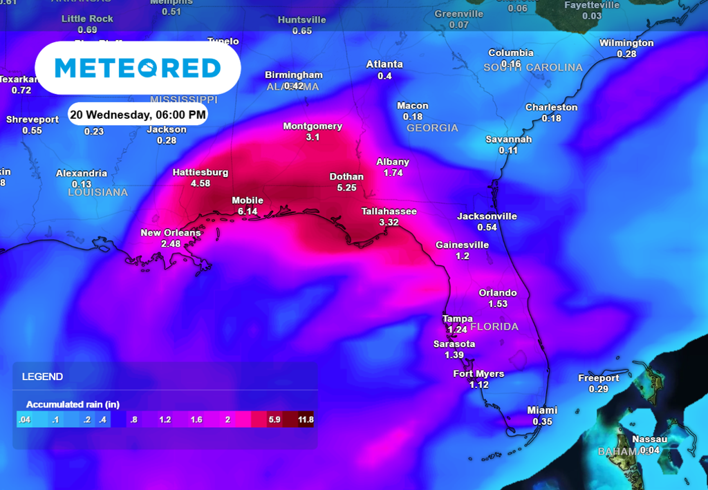 Rainfall through Wednesday evening as the remnants of Tropical Storm Sara impact the Gulf Coast.