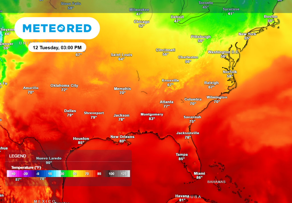 Forecast temperatures for Monday afternoon show a warm start to the week in the central and eastern U.S.