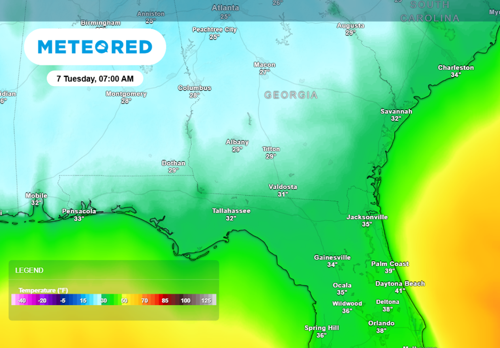 Temperatures Tuesday morning could dip to near or below freezing as far south as northern Florida.