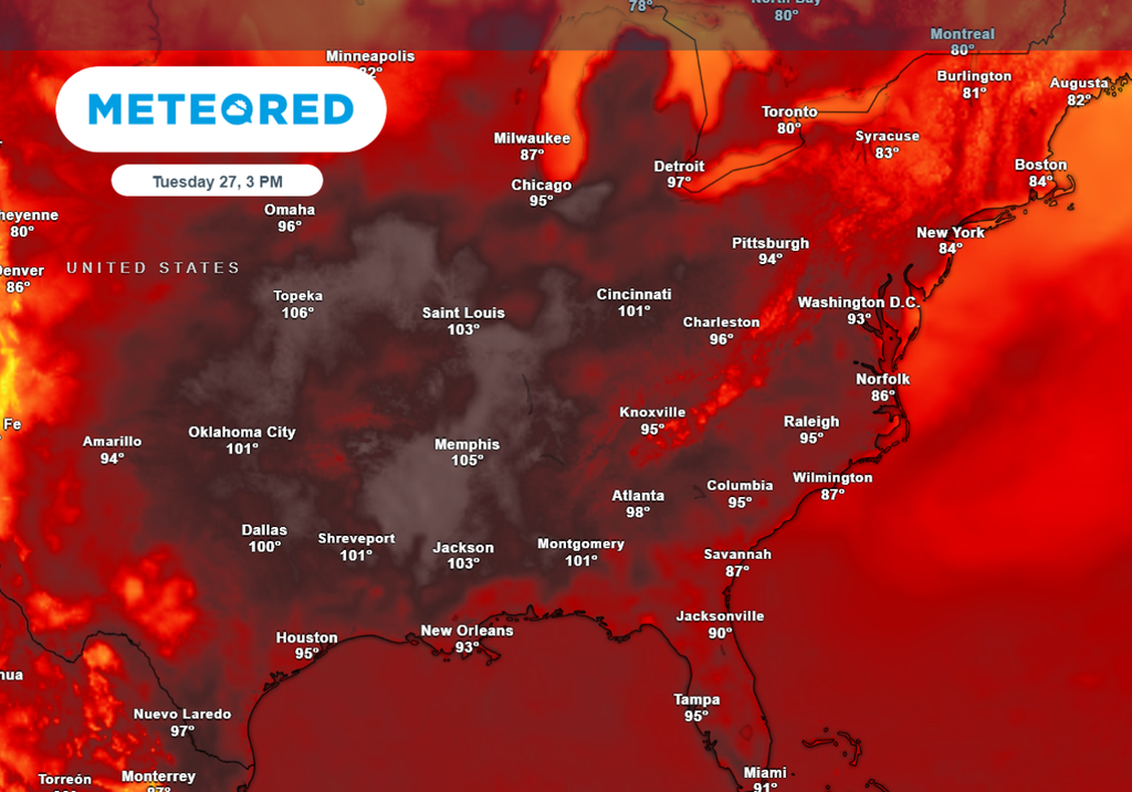 Forecast afternoon temperatures on Tuesday shows heat that could threaten records in the central US.