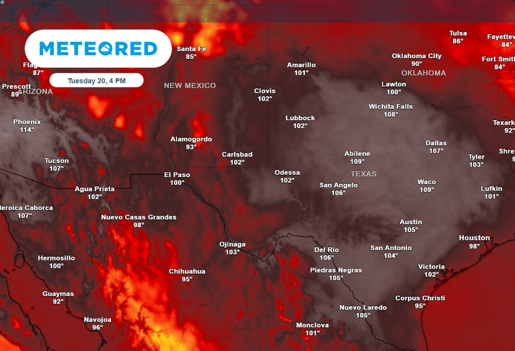 Extreme heat forecast for Tuesday afternoon across Texas and the southwest.