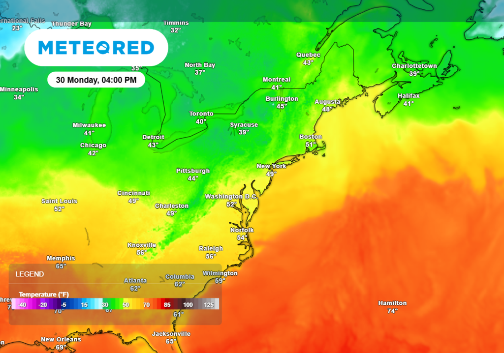 Afternoon temperatures on Monday for the Northeast will be 15-30 degrees above average.