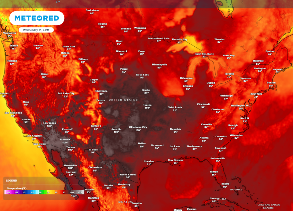 Temperature forecast for Wednesday afternoon shows dangerous heat surging into central plains.