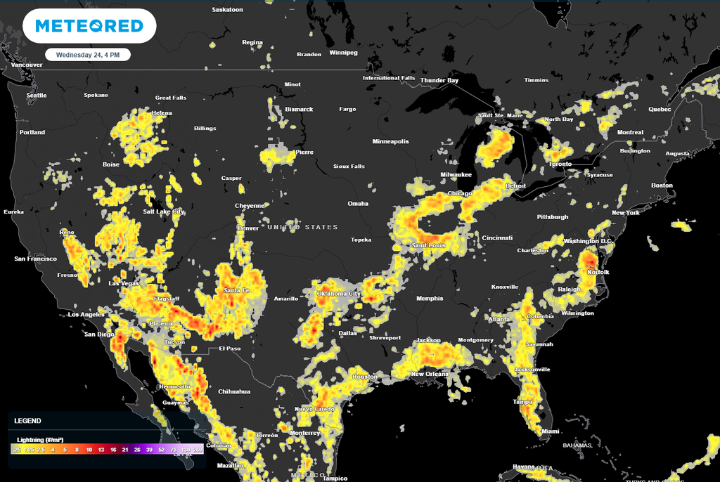 Lightning forecast for Wednesday with high activity in Four Corners region and southeast Texas.