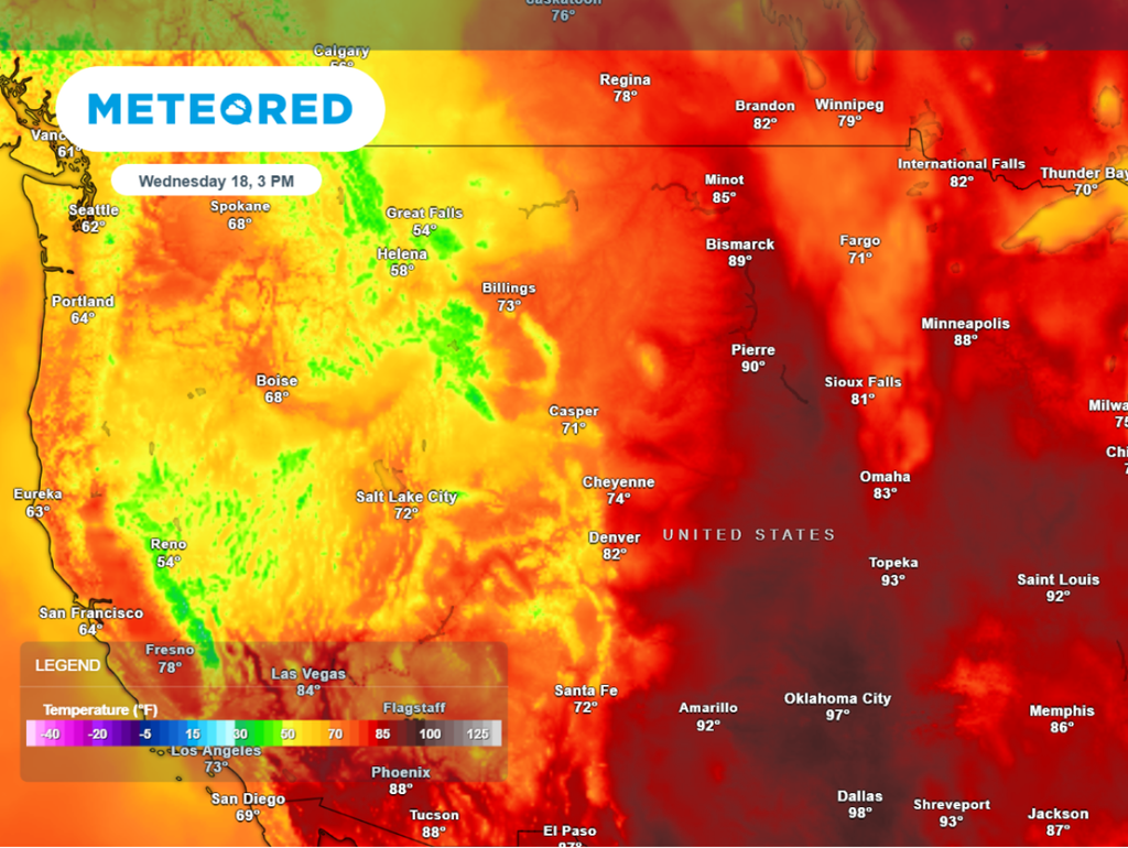 Forecast temperatures Wednesday afternoon range from the 60s in Portland to the 90s in Amarillo.