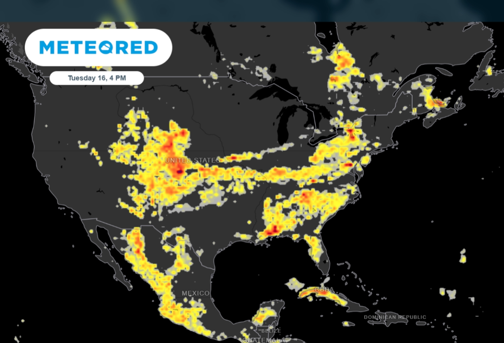 The lightning activity forecast for Tuesday afternoon shows several strikes over the central US.