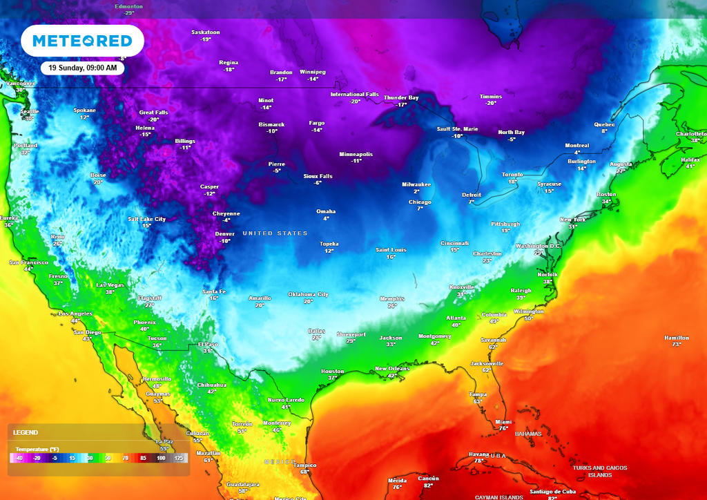 Sunday morning forecast temperatures show Arctic sliding into the deep south.