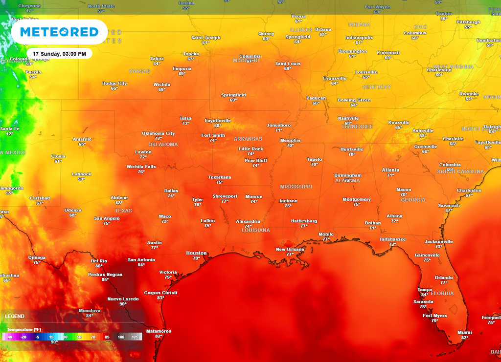 Forecast for Sunday afternoon temperatures has unseasonably warm air in the central and eastern U.S.