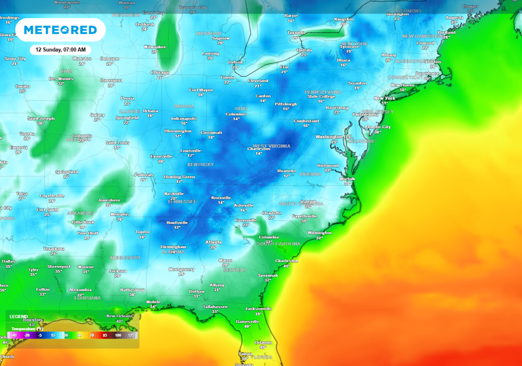 Chill morning lows are forecast for Sunday morning in much of the eastern half of the country.