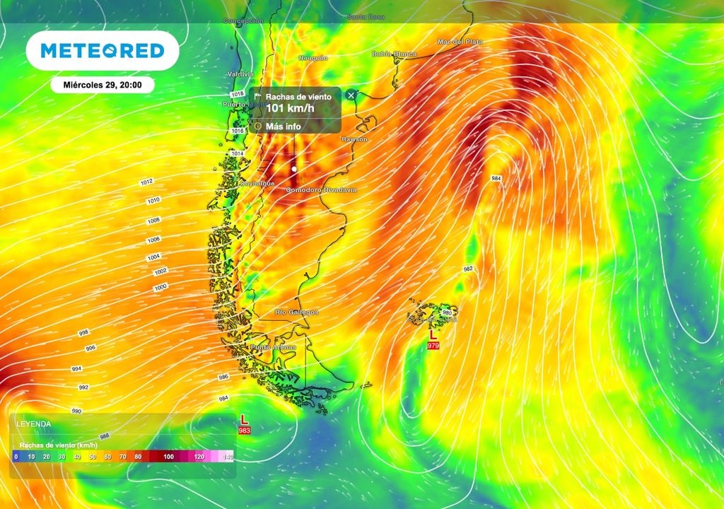 El marcado gradiente de presión producirá una nueva racha de viento intenso especialmetne sobre el centro de la Patagonia que se extenderá hacia el norte. Sobre Chubut algunas ráfagas podrán superar los 100 km/h el miércoles 29.