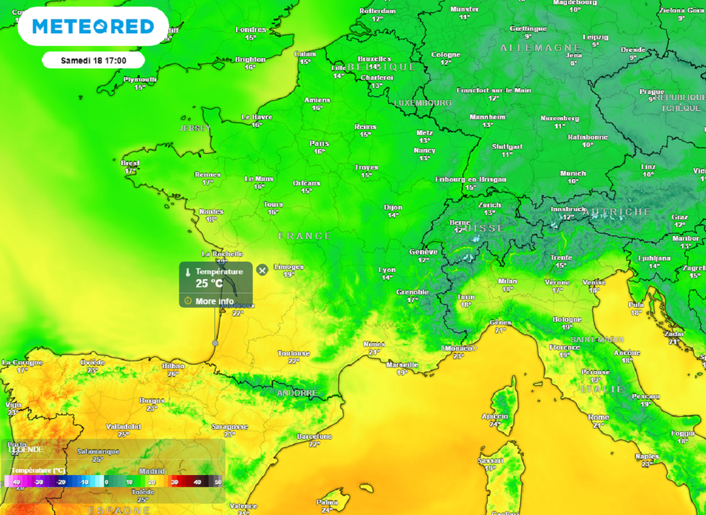 Samedi après-midi, un air d'été flottera (encore) dans le sud-ouest avec jusqu'à 25°C possibles. Samedi après-midi, un air d'été flottera (encore) dans le sud-ouest avec jusqu'à 25°C possibles.