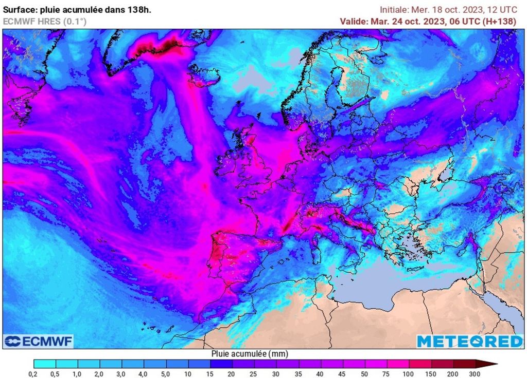 Prévisions ECMWF Europe pluie accumulée 24/10