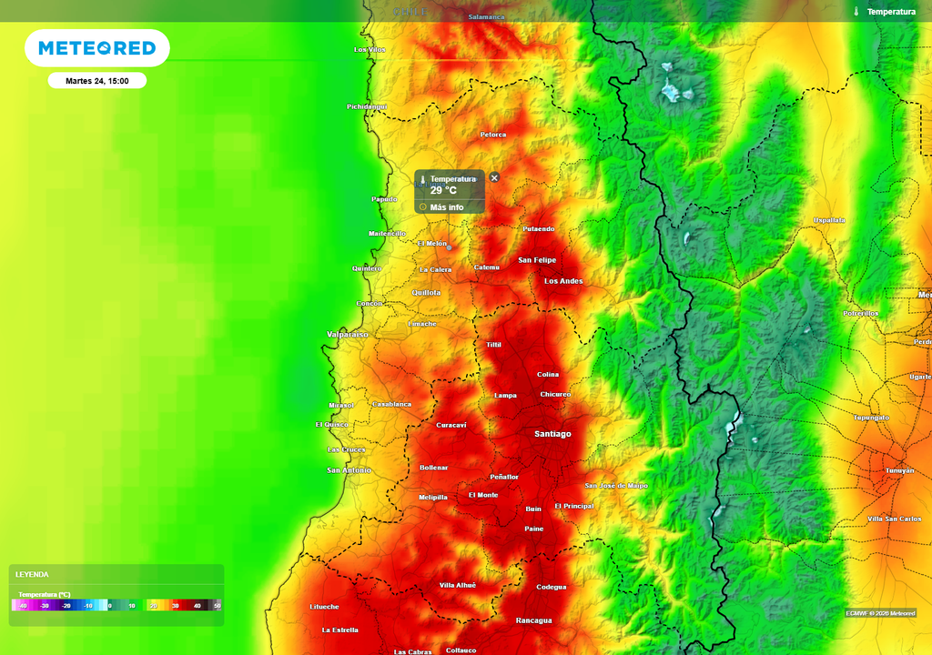 Repunte térmico proyectado para el martes en la zona central: máximas cercanas a 30 °C en el interior, mientras la costa se mantiene más templada.