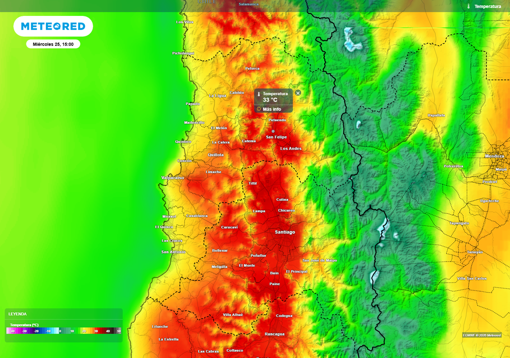 Miércoles con fuerte aumento térmico en la zona central: el interior supera los 33 °C, mientras la costa se mantiene más fresca por influencia marina.