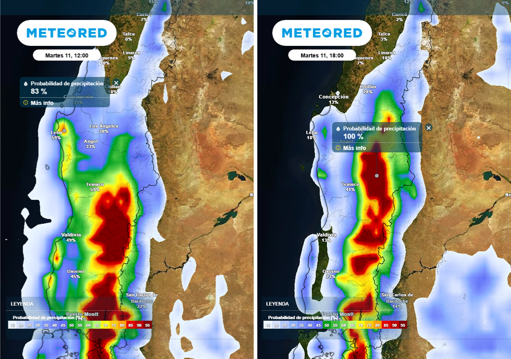 Vaguada de altura trae lluvias para martes 11 de noviembre entre Biobío y Los Ríos, Meteored, Chile
