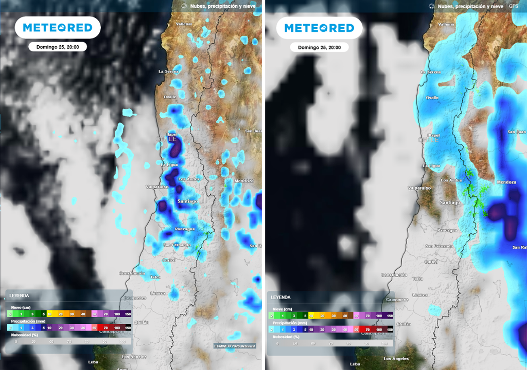 El patrón de lluvias previsto para este domingo varía entre los modelos europeo y norteamericano. El primero apuesta por más actividad convectiva, tormentas y chubascos intensos entre el sur de Coquimbo y O'Higgins. El modelo GFS apuesta por precipitaciones concentradas sobre las regiones de Coquimbo y de Valparaíso.