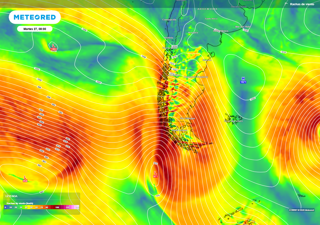 Habrá algunos puntos de la Patagonia donde el viento puede rondar los 100 km/h con el paso del sistema frontal del martes 27 de enero.