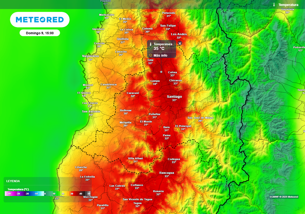 Temperatura máxima, domingo 09 de marzo 2025 en Santiago, Meteored Chile