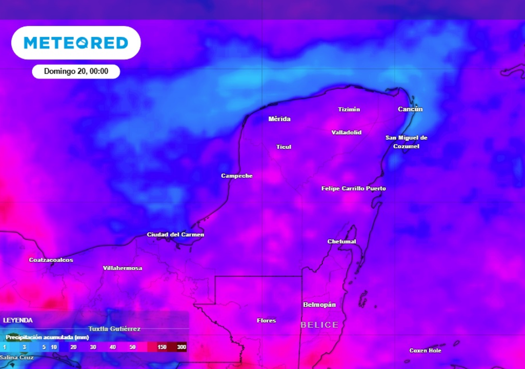 Lluvias Pronóstico de lluvia acumulada para las próximas 96 horas en la Península de Yucatán.