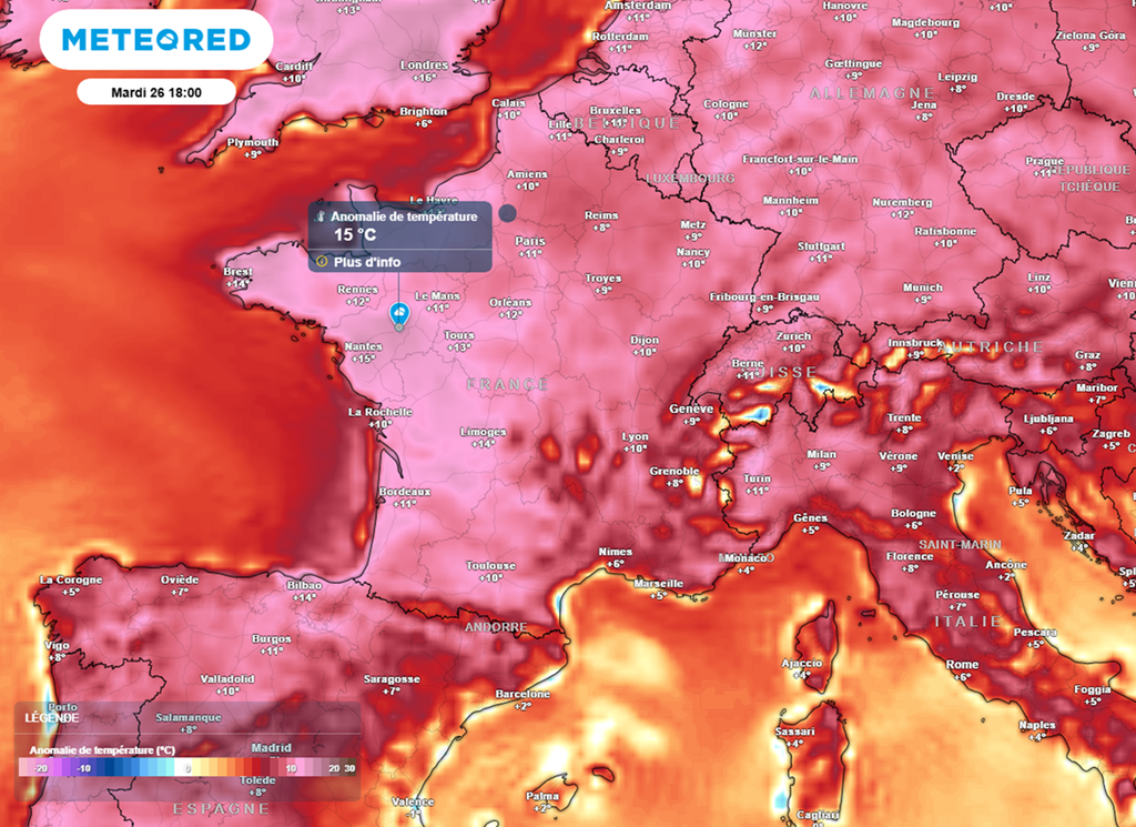 Ce mardi, les températures maximales atteignent un plateau, souvent situé 15°C au-dessus des normales de saison. Ce mardi, les températures maximales atteignent un plateau, souvent situé 15°C au-dessus des normales de saison.