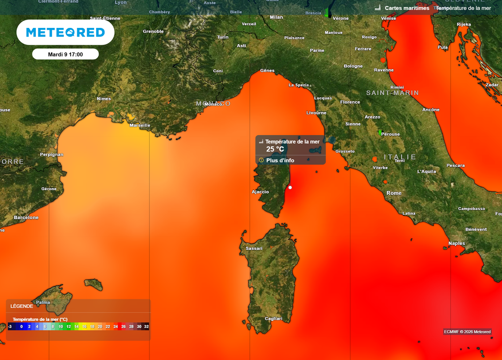 Mardi après-midi, la température de l'eau pourrait dépasser les 25°C sur le littoral oriental de la Corse, des valeurs très élevées pour la saison !