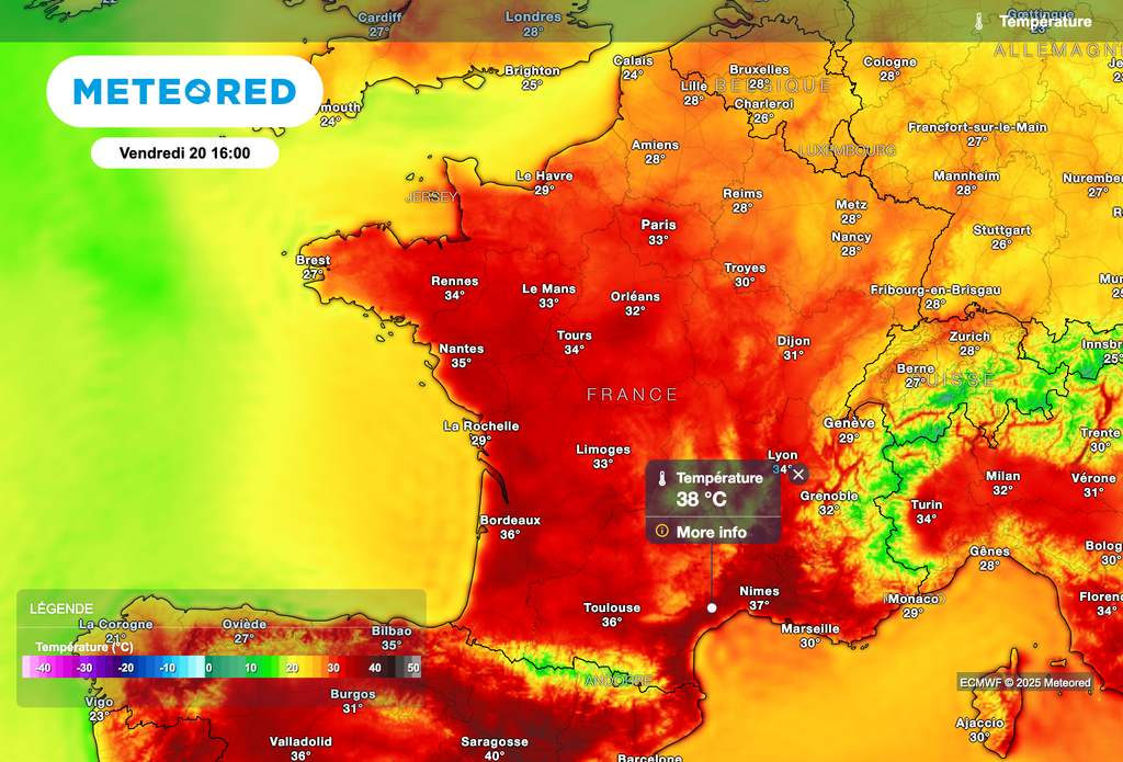 Des pointes à près de 38 degrés attendues vendredi après-midi.