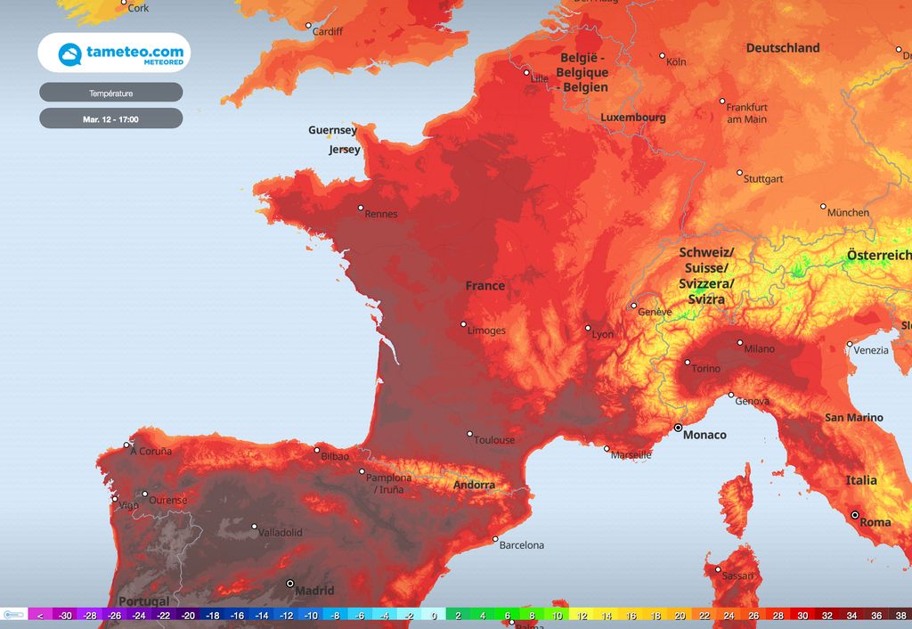Carte des températures mardi 12 juillet à 17h