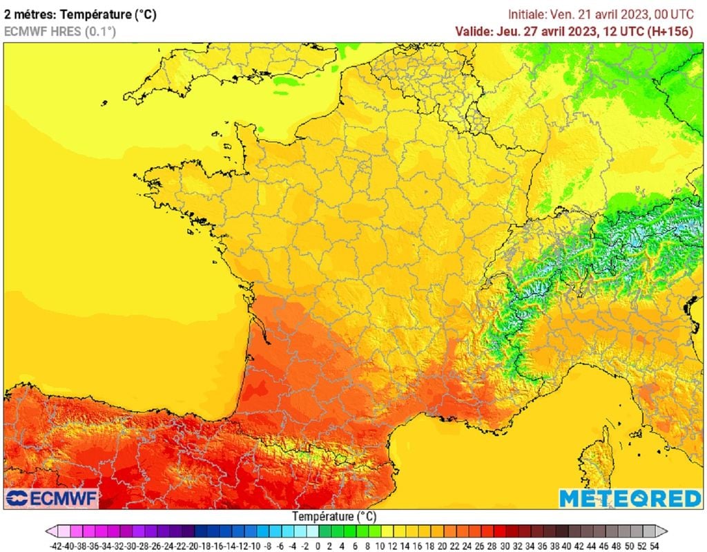 Jeudi prochain, les 30°C seront approchés dans le sud-ouest (modèle ECMWF via Meteored). Jeudi prochain, les 30°C seront approchés dans le sud-ouest (modèle ECMWF via Meteored).