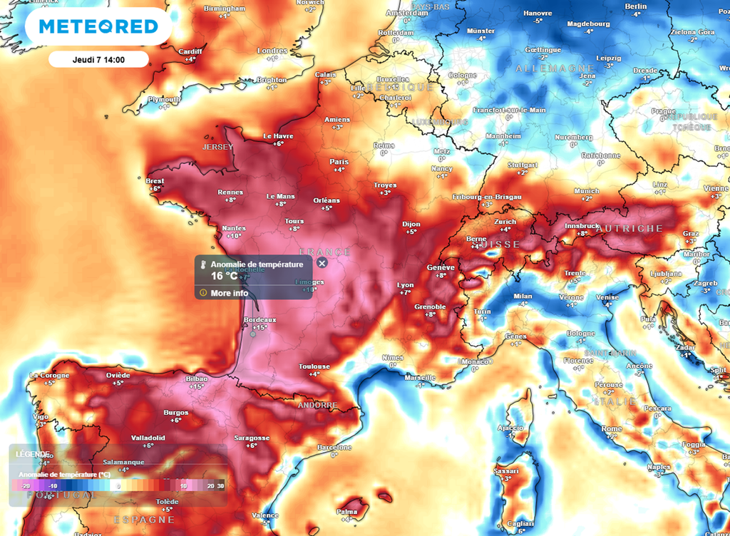 Les températures seront situées jusqu'à 16°C au-dessus des normales dans le sud-ouest.