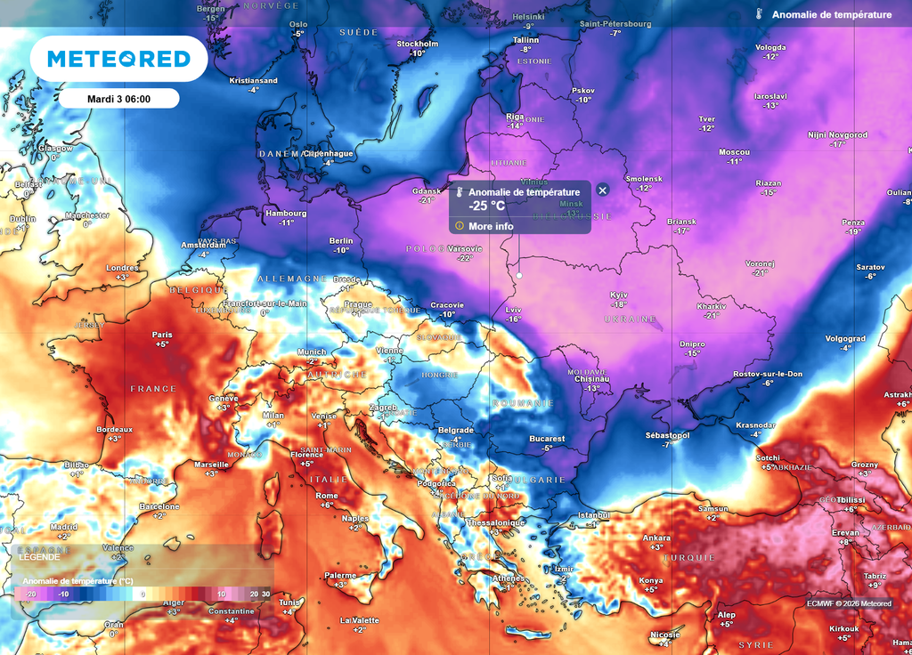 Pendant que la douceur océanique sera bien installée en France, l'Ukraine, la Pologne et la Biélorussie connaîtront mardi matin des températures parfois 25°C sous les normales de saison !