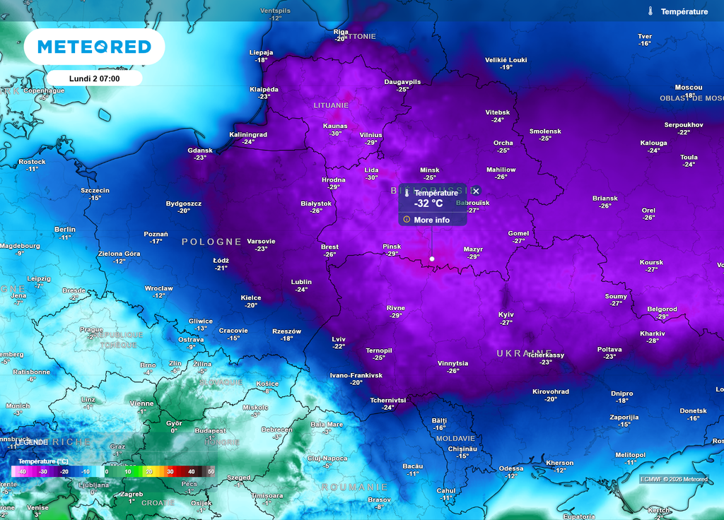 Ce lundi matin, des températures inférieures à -30°C seront probablement observées à la frontière entre la Biélorussie et l'Ukraine.