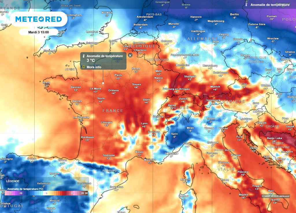 Mardi après-midi, une grande partie de la France connaîtra des températures 2 à 5°C au-delà des normales de saison.