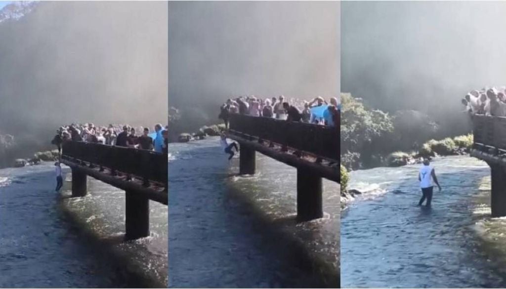 Homem se pendura em passarela das Cataratas e desce na água para tentar recuperar seu celular que caiu. Foto: Reprodução/ Rede Sociais.