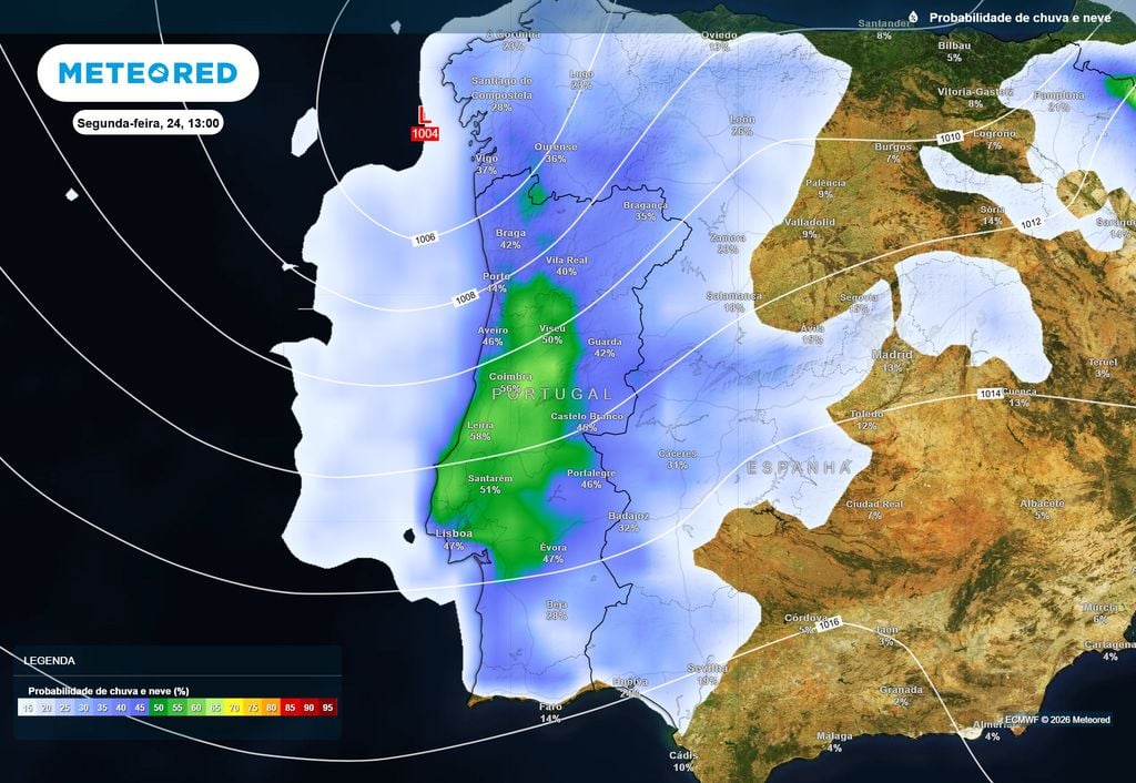 A possibilidade de chuva em praticamente toda a unidade territorial do Continente é real na segunda-feira (24), embora as percentagens de probabilidade variem conforme as regiões.