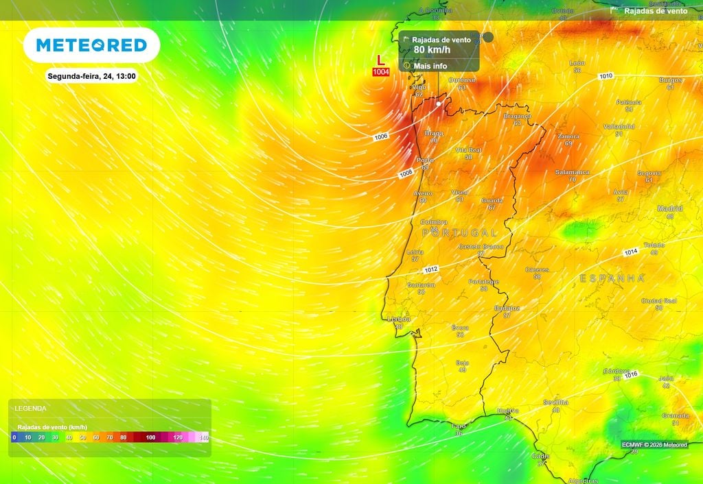 Previsão das rajadas de vento para o início da tarde de segunda-feira, 24 de agosto.