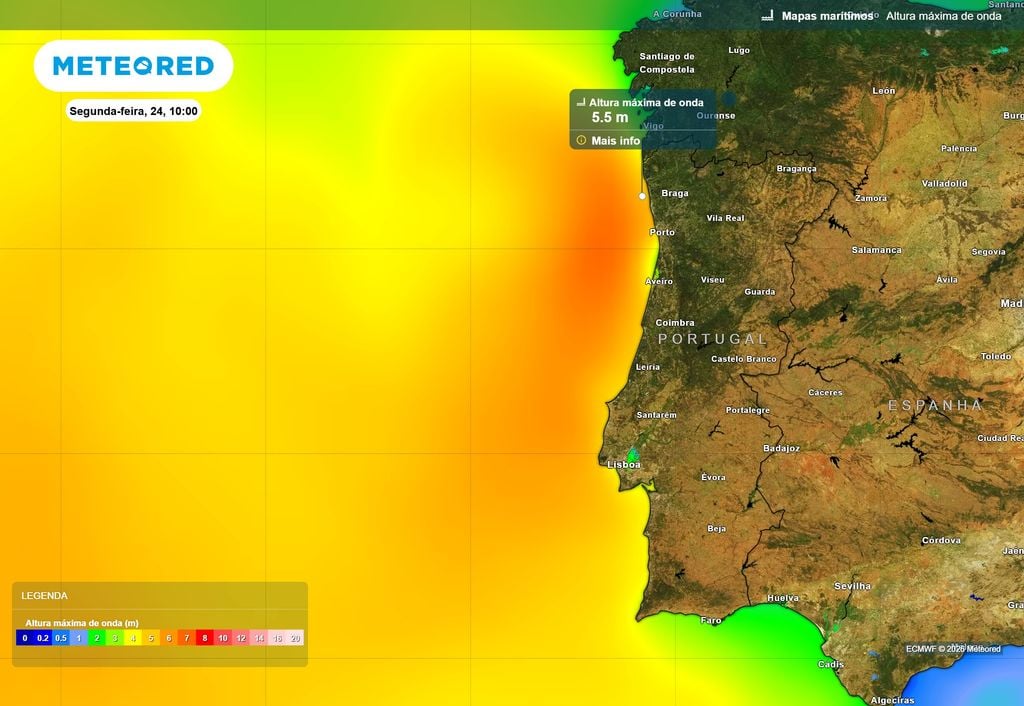 As ondas poderão atingir uma altura máxima de 5,5 metros numa das fases mais ativas da passagem da depressão atlântica.