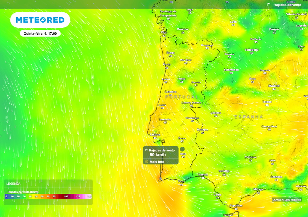 A nortada intensificará temporariamente nas tardes dos próximos dias, sobretudo no Centro e Sul do país, destacando-se o litoral Oeste a sul do Cabo Mondego, terras altas do Centro e Sul e o Barlavento Algarvio, áreas onde estão previstas rajadas até 55 ou 65 km/h.