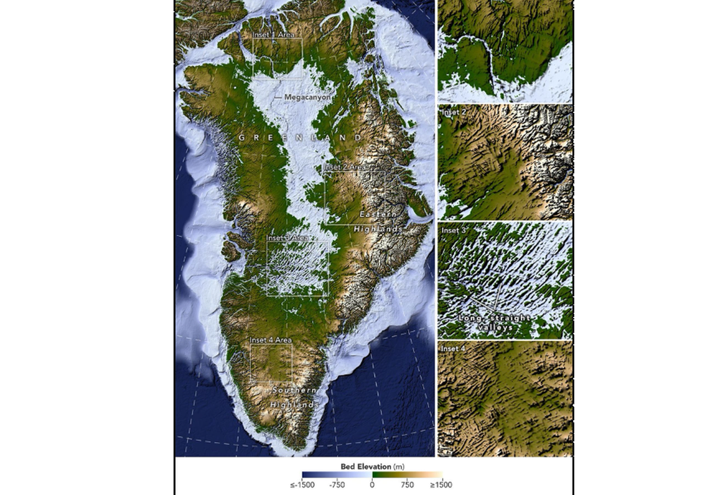 Un método recientemente desarrollado para cartografiar el lecho rocoso bajo la capa de hielo de Groenlandia revela la topografía oculta de la isla. Entre los hallazgos más sorprendentes se encuentran valles largos y rectos en la región centro-occidental, algunos cartografiados por primera vez y otros que se extienden tierra adentro más de lo que se conocía anteriormente (recuadro 3). NASA Earth Observatory/Lauren Dauphin, basado en datos de Chartrand et al.