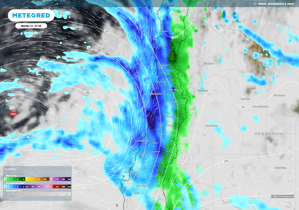 Un sistema frontal avanzará sobre la zona central durante el martes, dejando lluvias desde Coquimbo hasta Biobío y nevadas en sectores cordilleranos.