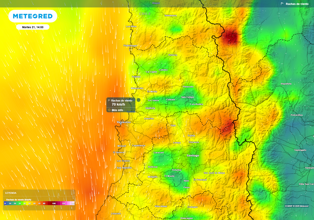 El modelo ECMWF proyecta rachas de viento cercanas a 70 km/h durante la tarde del martes en sectores de la Región de Valparaíso, con mayor intensidad en áreas costeras y cordillera.