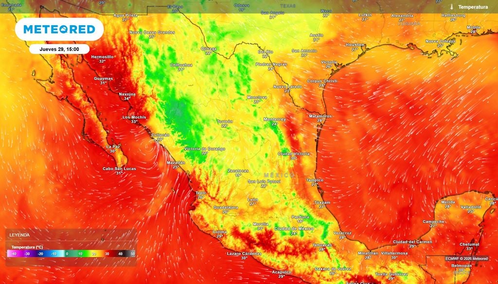 Pronóstico de temperaturas en grados Celsius Ambiente templado a fresco dominará el norte y occidente con 10-20 °C, continuando el calor en el noroeste y sureste superando los 32 hasta 39 °C.